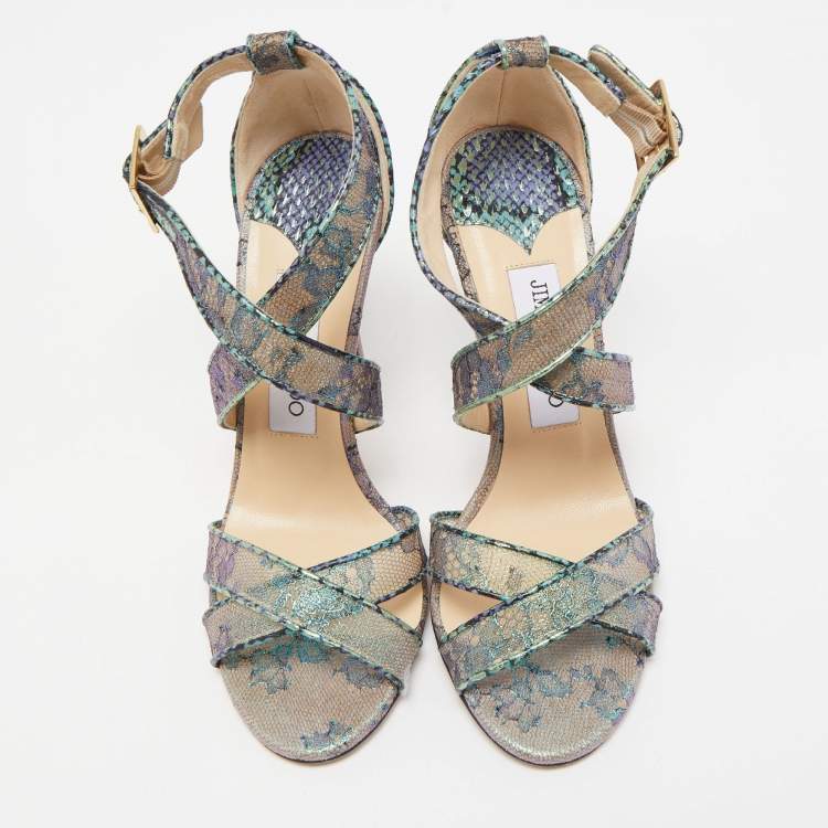 Pre Owned Jimmy Choo Multicolor Lace Python Embossed Leather Ankle Strap Sandals Size 37.5