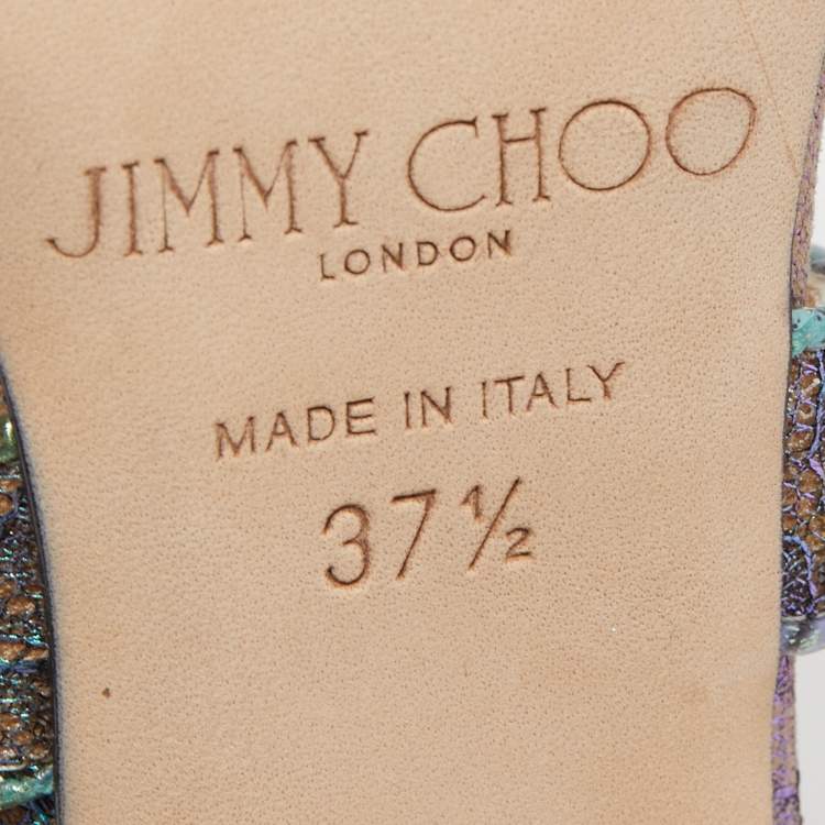 Pre Owned Jimmy Choo Multicolor Lace Python Embossed Leather Ankle Strap Sandals Size 37.5