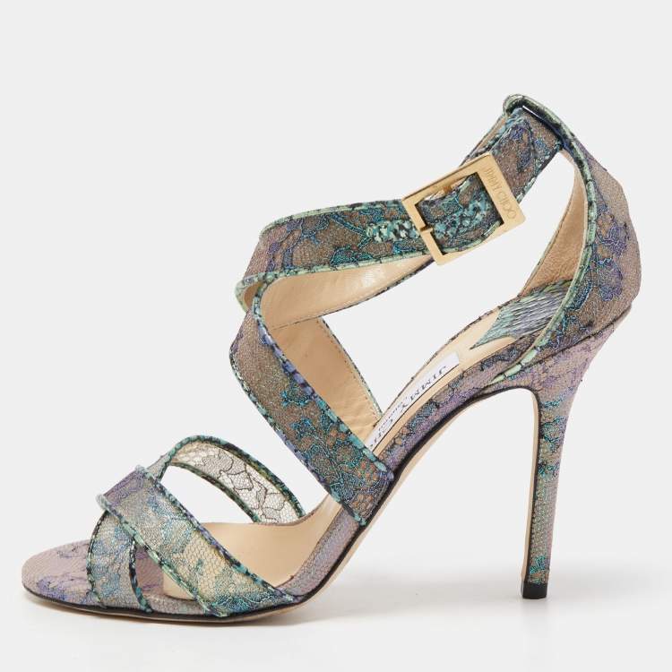 Pre Owned Jimmy Choo Multicolor Lace Python Embossed Leather Ankle Strap Sandals Size 37.5