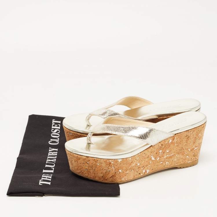 Pre Owned Jimmy Choo Metallic Laminated Suede Paque Thong Sandals Size 39.5