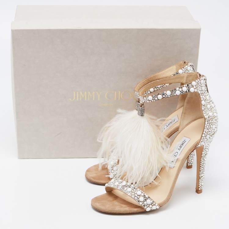 Pre Owned Jimmy Choo Beige Crystal Embellished Suede and Feather Tassel Viola Sandals Size 39.5