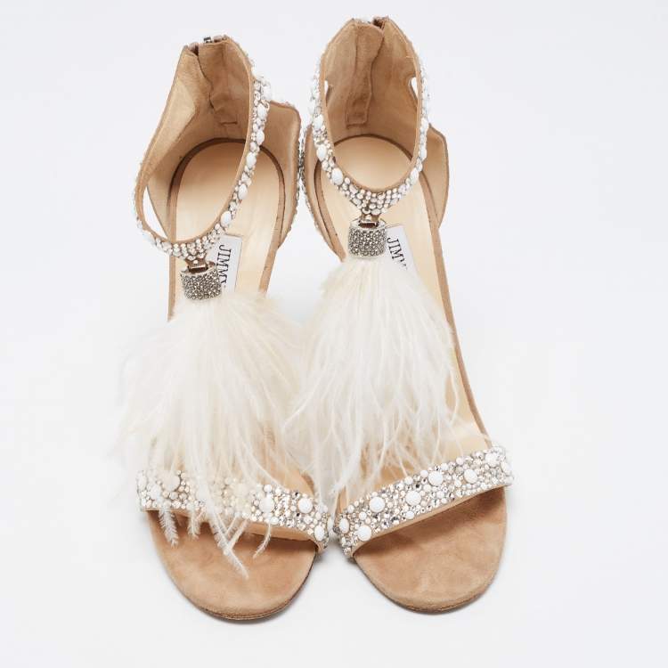 Pre Owned Jimmy Choo Beige Crystal Embellished Suede and Feather Tassel Viola Sandals Size 39.5