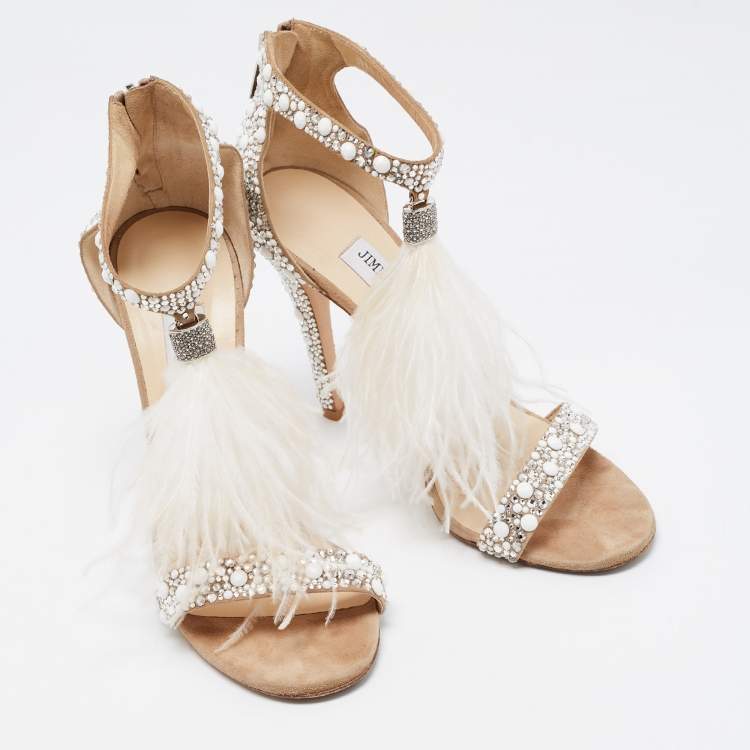 Pre Owned Jimmy Choo Beige Crystal Embellished Suede and Feather Tassel Viola Sandals Size 39.5