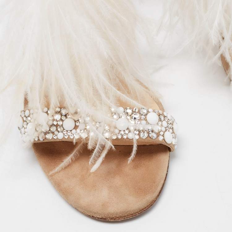 Pre Owned Jimmy Choo Beige Crystal Embellished Suede and Feather Tassel Viola Sandals Size 39.5