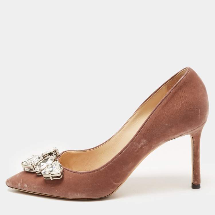 Pre Owned Jimmy Choo Brown Velvet Crystal Embellished Pointed Toe Pumps Size 39 