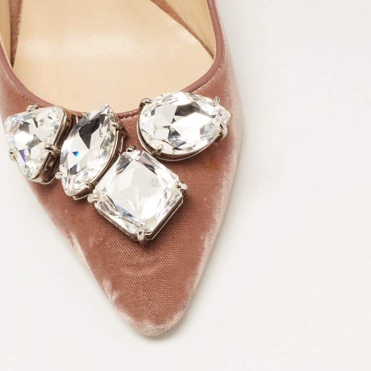 Pre Owned Jimmy Choo Brown Velvet Crystal Embellished Pointed Toe Pumps Size 39 
