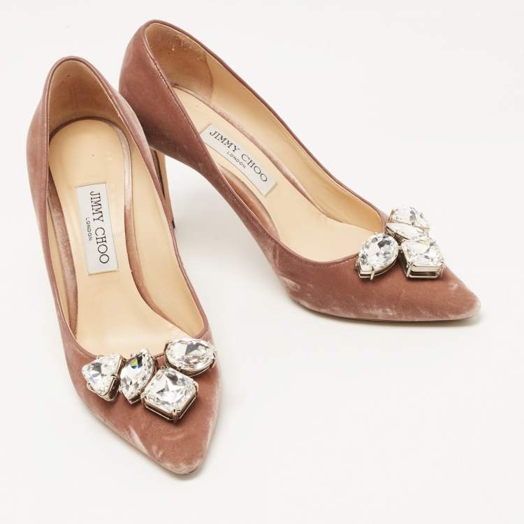 Pre Owned Jimmy Choo Brown Velvet Crystal Embellished Pointed Toe Pumps Size 39 