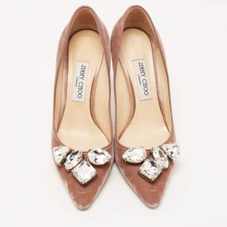 Pre Owned Jimmy Choo Brown Velvet Crystal Embellished Pointed Toe Pumps Size 39 