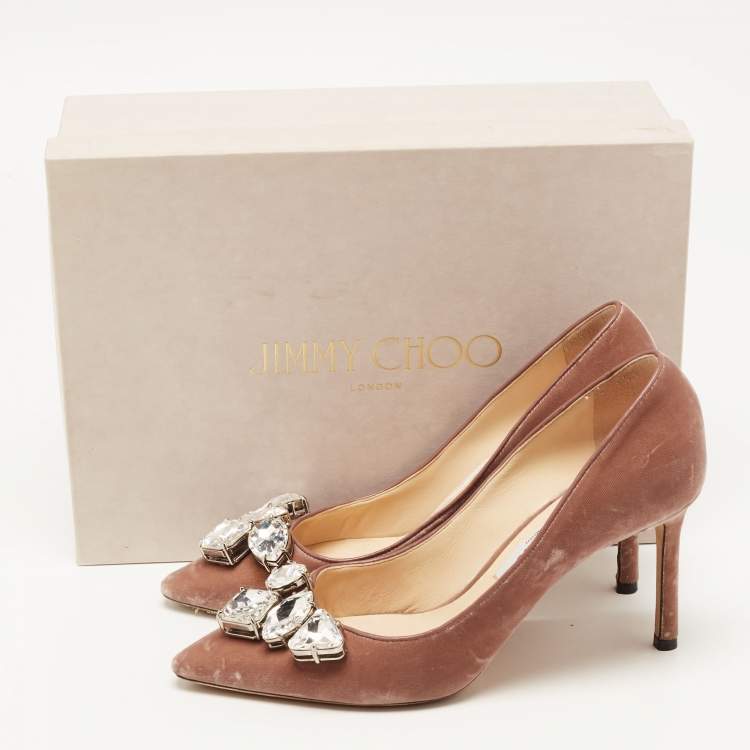 Pre Owned Jimmy Choo Brown Velvet Crystal Embellished Pointed Toe Pumps Size 39 