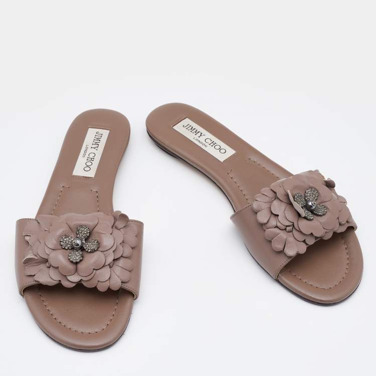 Pre Owned Jimmy Choo Old Rose Leather Crystal Embellished Flat Slides Size 37