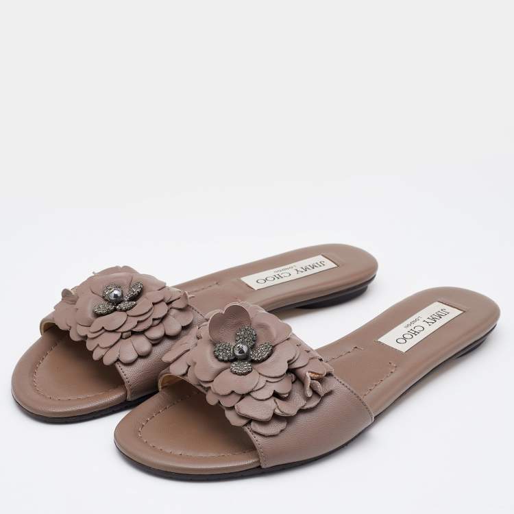 Pre Owned Jimmy Choo Old Rose Leather Crystal Embellished Flat Slides Size 37