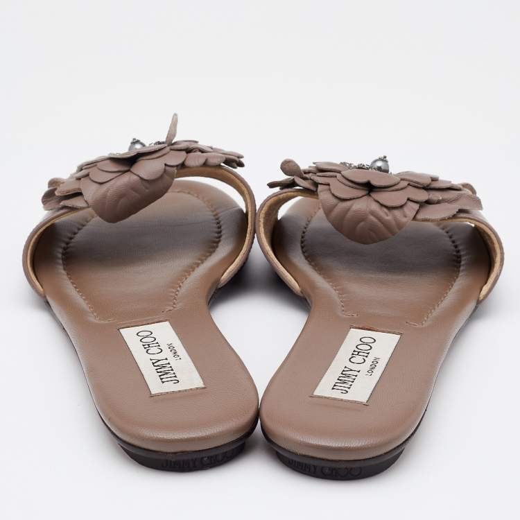 Pre Owned Jimmy Choo Old Rose Leather Crystal Embellished Flat Slides Size 37
