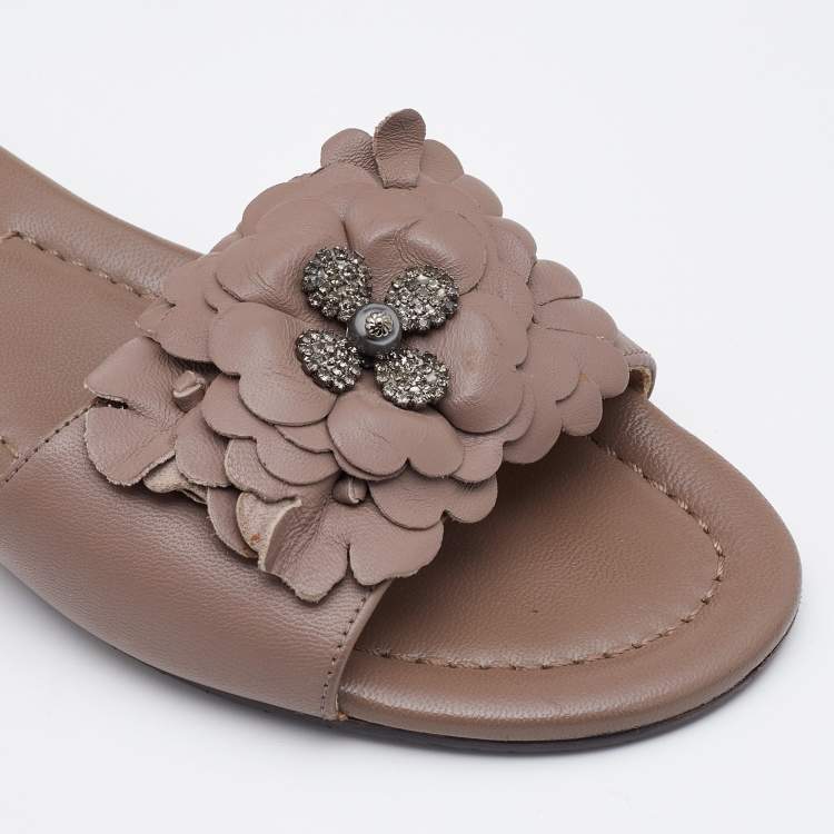 Pre Owned Jimmy Choo Old Rose Leather Crystal Embellished Flat Slides Size 37