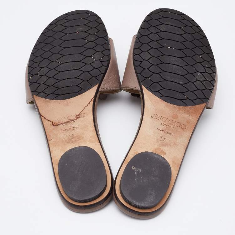 Pre Owned Jimmy Choo Old Rose Leather Crystal Embellished Flat Slides Size 37
