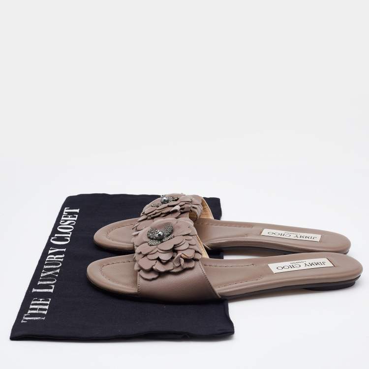 Pre Owned Jimmy Choo Old Rose Leather Crystal Embellished Flat Slides Size 37