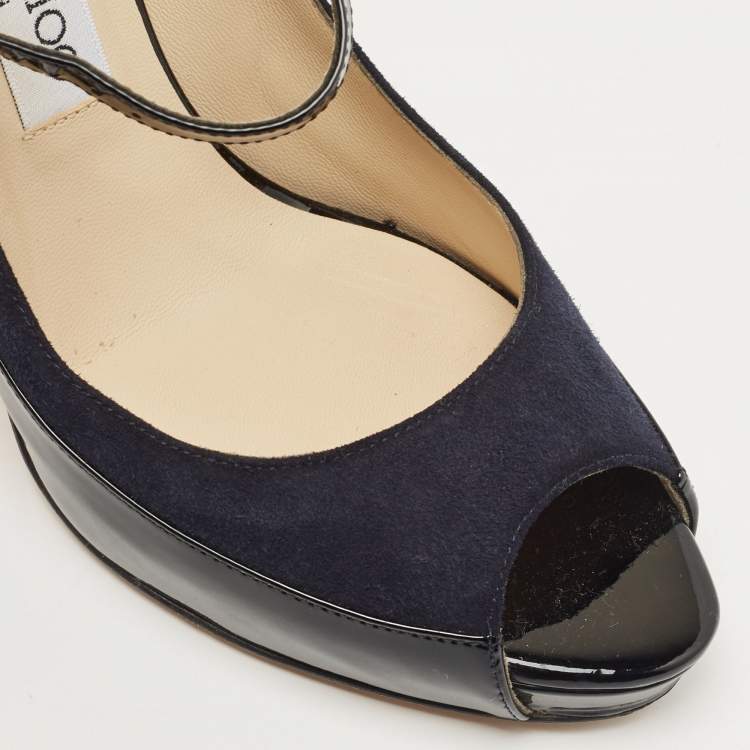 Pre Owned Jimmy Choo Black/Navy Blue Patent and Nubuck Leather Peep Toe Mary Jane Pumps Size 38