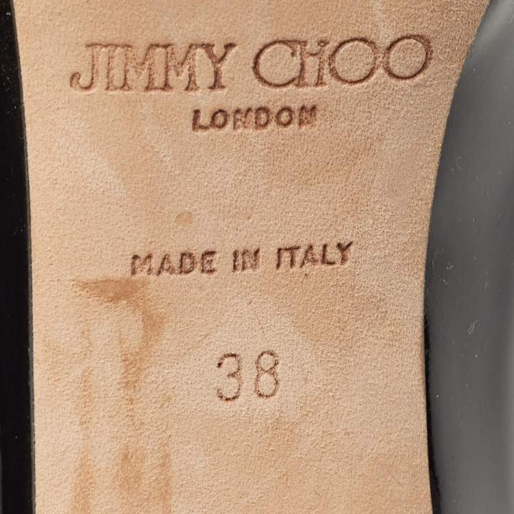 Pre Owned Jimmy Choo Black/Navy Blue Patent and Nubuck Leather Peep Toe Mary Jane Pumps Size 38