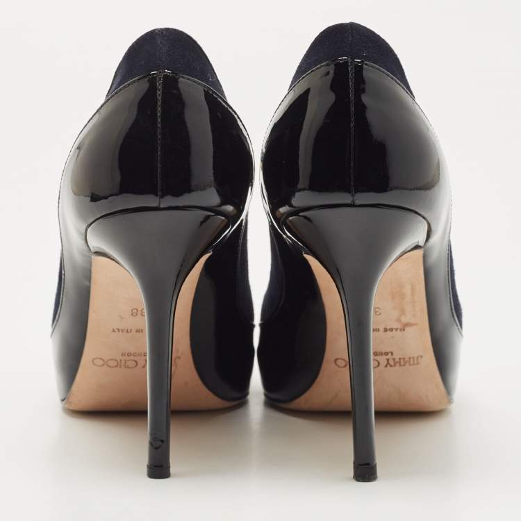 Pre Owned Jimmy Choo Black/Navy Blue Patent and Nubuck Leather Peep Toe Mary Jane Pumps Size 38
