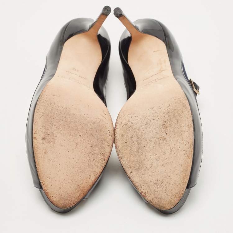 Pre Owned Jimmy Choo Black/Navy Blue Patent and Nubuck Leather Peep Toe Mary Jane Pumps Size 38