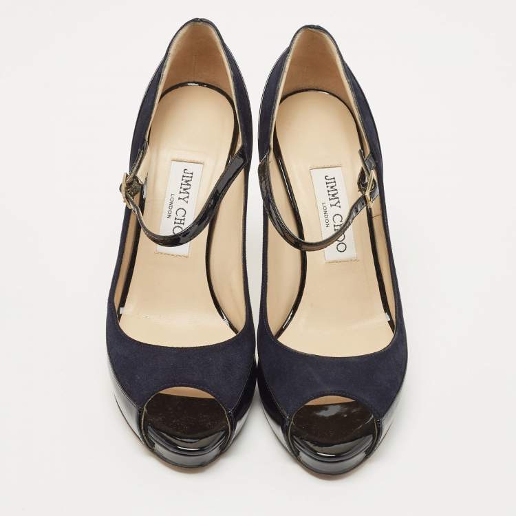 Pre Owned Jimmy Choo Black/Navy Blue Patent and Nubuck Leather Peep Toe Mary Jane Pumps Size 38