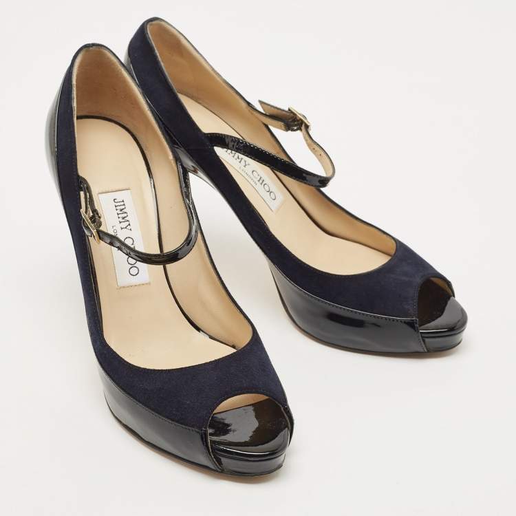 Pre Owned Jimmy Choo Black/Navy Blue Patent and Nubuck Leather Peep Toe Mary Jane Pumps Size 38