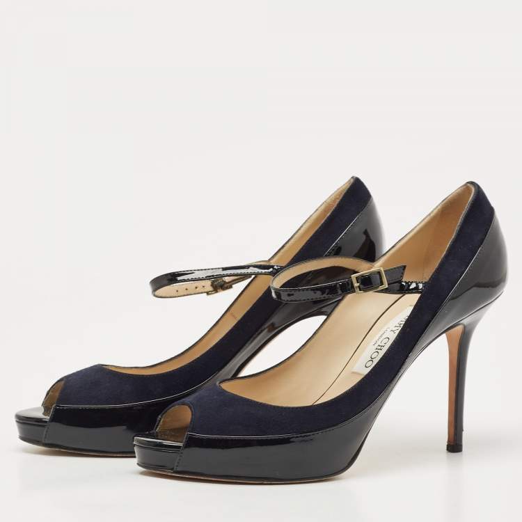 Pre Owned Jimmy Choo Black/Navy Blue Patent and Nubuck Leather Peep Toe Mary Jane Pumps Size 38