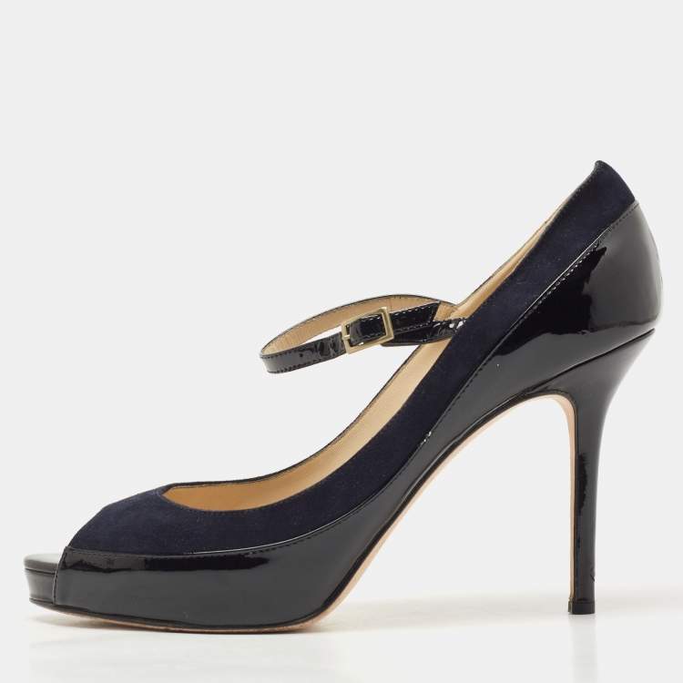 Pre Owned Jimmy Choo Black/Navy Blue Patent and Nubuck Leather Peep Toe Mary Jane Pumps Size 38