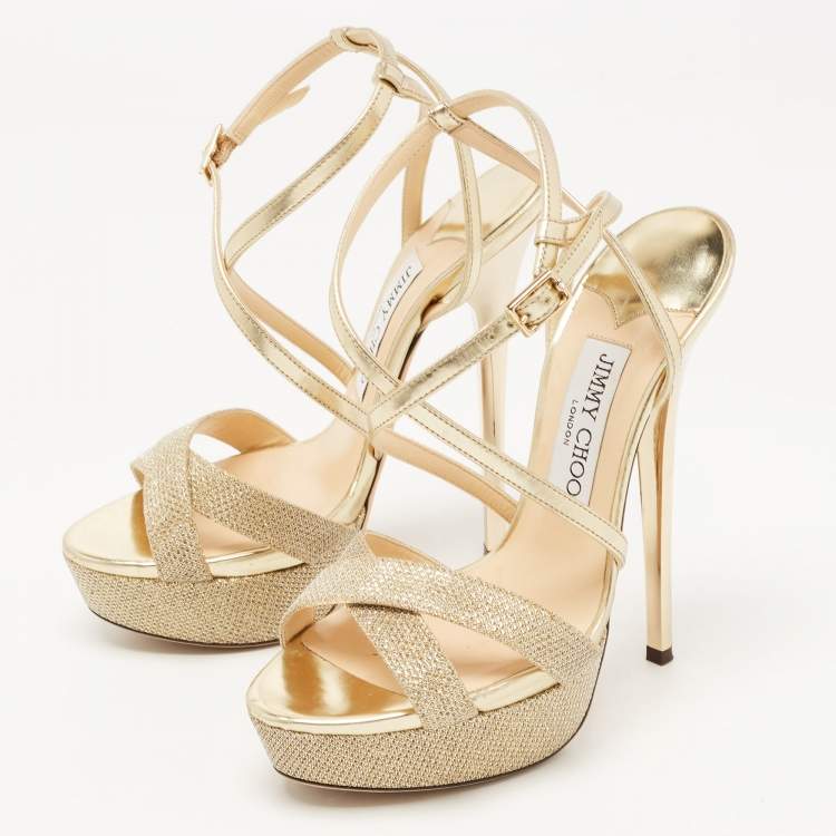Pre Owned Jimmy Choo Gold Lurex Fabric and Leather Liddie Sandals Size 37