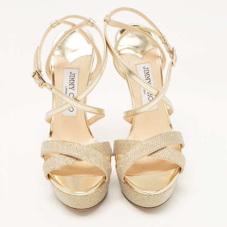 Pre Owned Jimmy Choo Gold Lurex Fabric and Leather Liddie Sandals Size 37