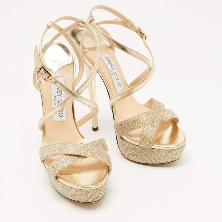 Pre Owned Jimmy Choo Gold Lurex Fabric and Leather Liddie Sandals Size 37