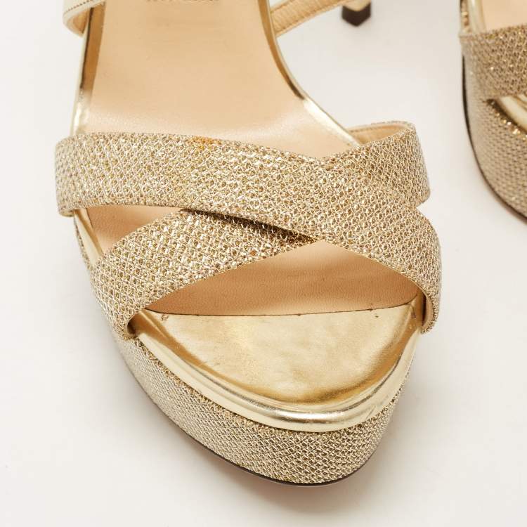 Pre Owned Jimmy Choo Gold Lurex Fabric and Leather Liddie Sandals Size 37