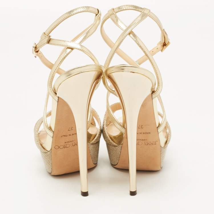Pre Owned Jimmy Choo Gold Lurex Fabric and Leather Liddie Sandals Size 37