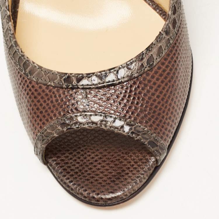 Pre Owned Jimmy Choo Two Tone Karung Leather Peep Toe Pumps Size 38