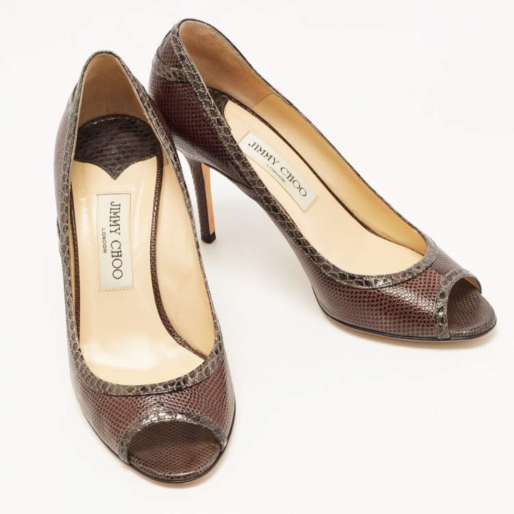 Pre Owned Jimmy Choo Two Tone Karung Leather Peep Toe Pumps Size 38