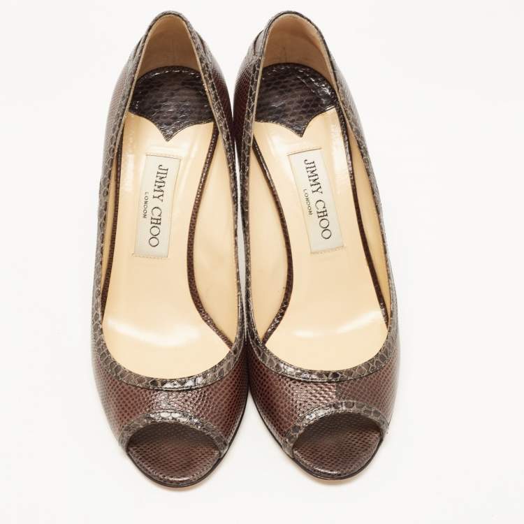 Pre Owned Jimmy Choo Two Tone Karung Leather Peep Toe Pumps Size 38