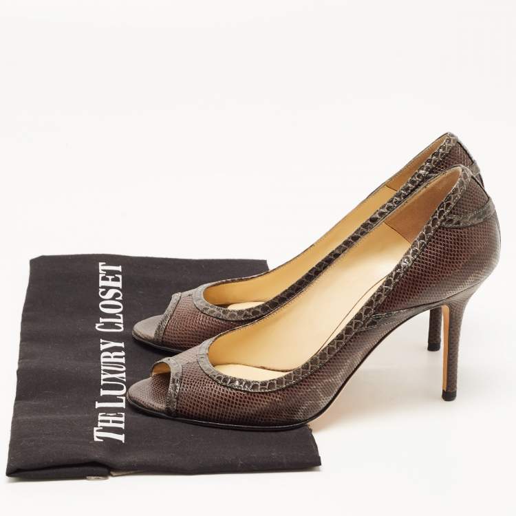 Pre Owned Jimmy Choo Two Tone Karung Leather Peep Toe Pumps Size 38