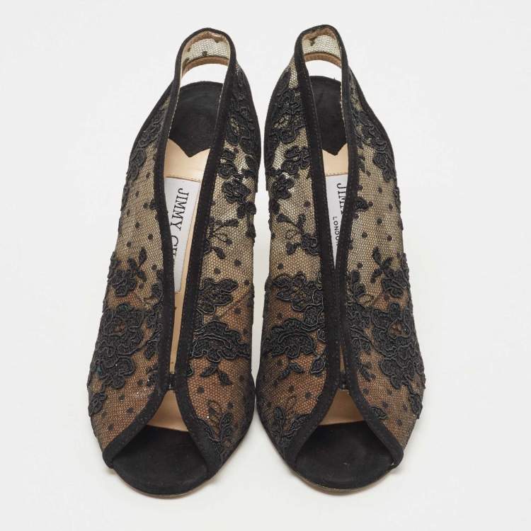 Pre Owned Jimmy Choo Black Suede and Embroidered Lace Open Toe Slingback Sandals Size 36.5