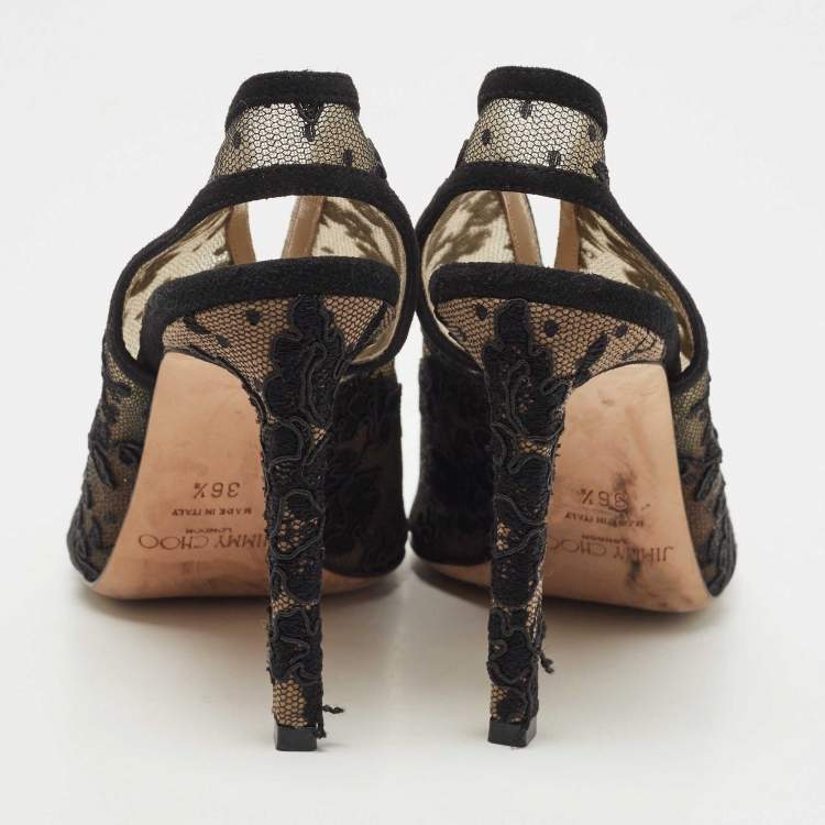 Pre Owned Jimmy Choo Black Suede and Embroidered Lace Open Toe Slingback Sandals Size 36.5