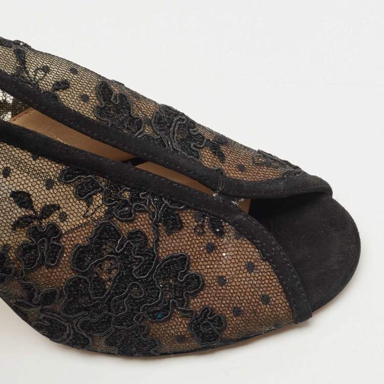 Pre Owned Jimmy Choo Black Suede and Embroidered Lace Open Toe Slingback Sandals Size 36.5