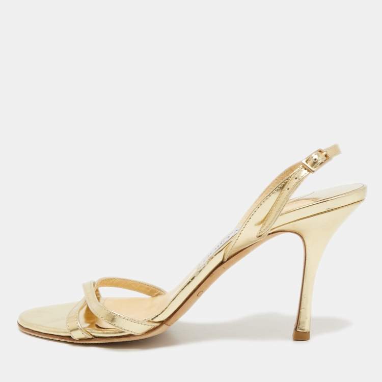 Pre Owned Jimmy Choo Gold Foil Leather Criss Cross Ankle Strap Sandals Size 37.5