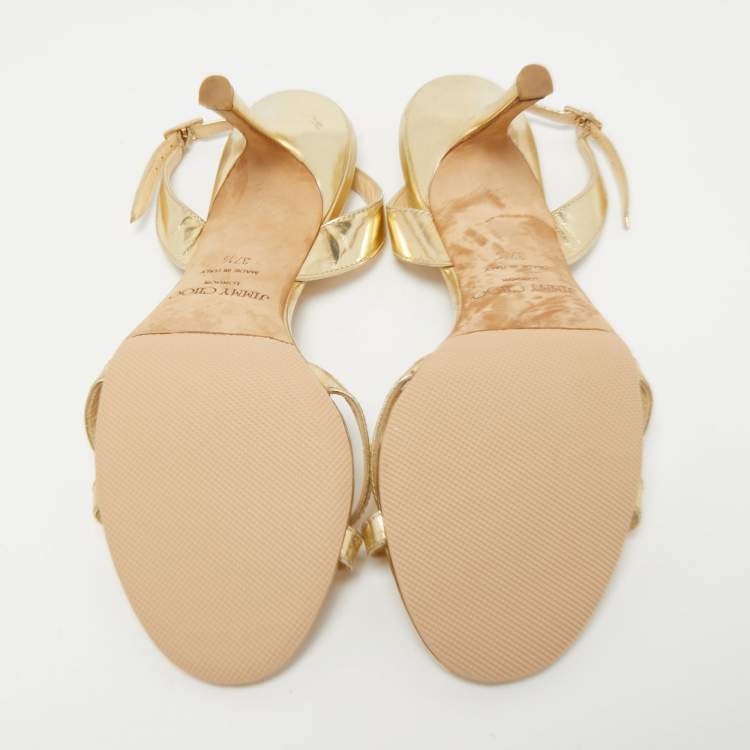 Pre Owned Jimmy Choo Gold Foil Leather Criss Cross Ankle Strap Sandals Size 37.5
