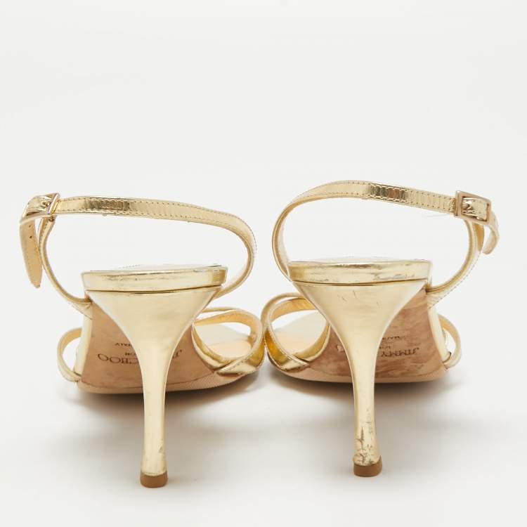 Pre Owned Jimmy Choo Gold Foil Leather Criss Cross Ankle Strap Sandals Size 37.5