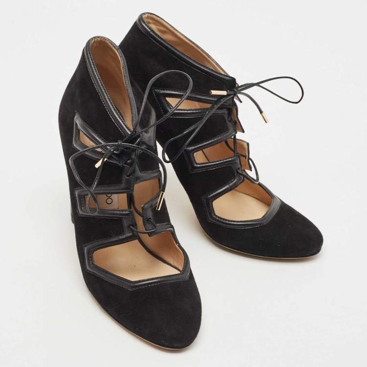 مملوكة مسبقًا Jimmy Choo Black Suede Cut Out Lace Up Booties Size 39