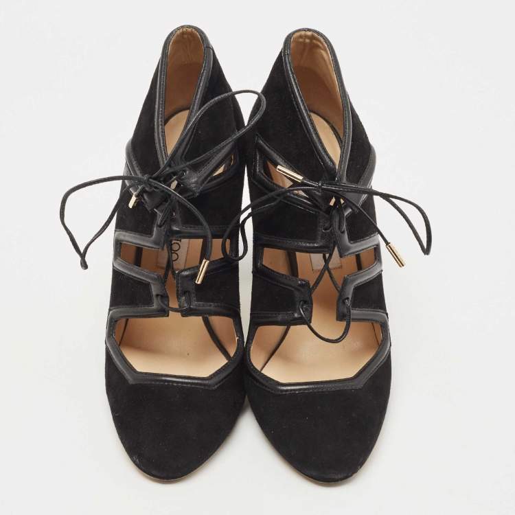 مملوكة مسبقًا Jimmy Choo Black Suede Cut Out Lace Up Booties Size 39