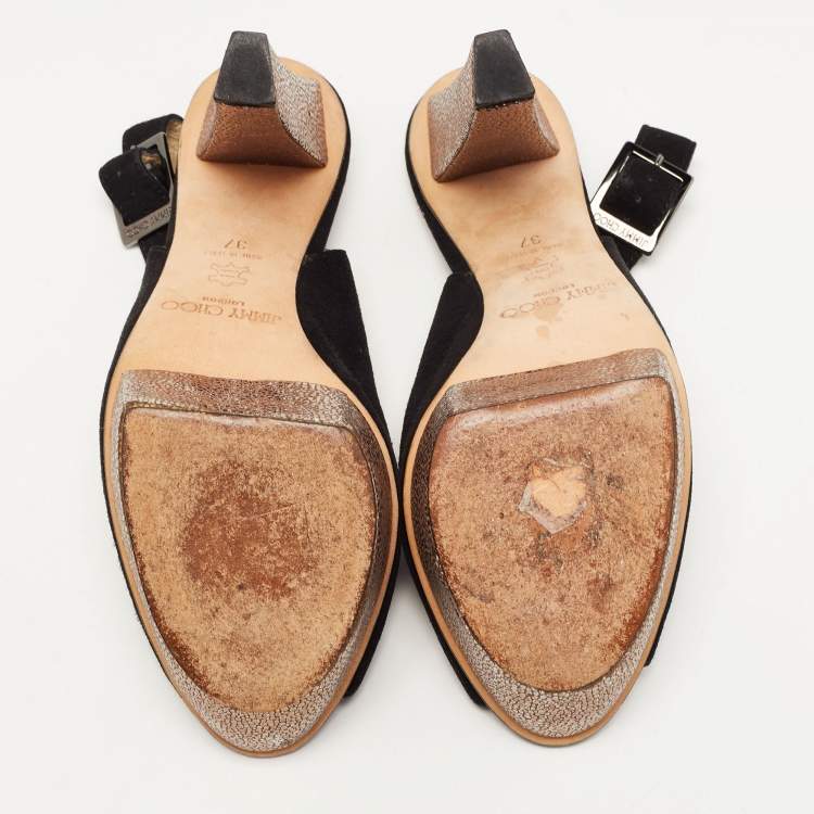 Pre Owned Jimmy Choo Black Suede Peep Toe Platform Slingback Pumps Size 37