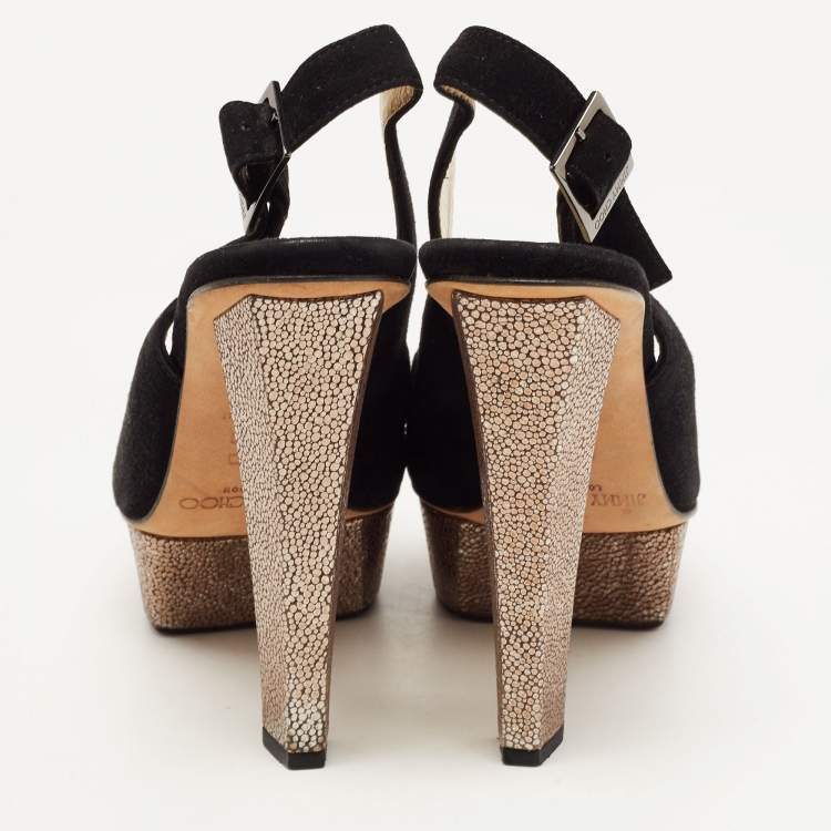 Pre Owned Jimmy Choo Black Suede Peep Toe Platform Slingback Pumps Size 37