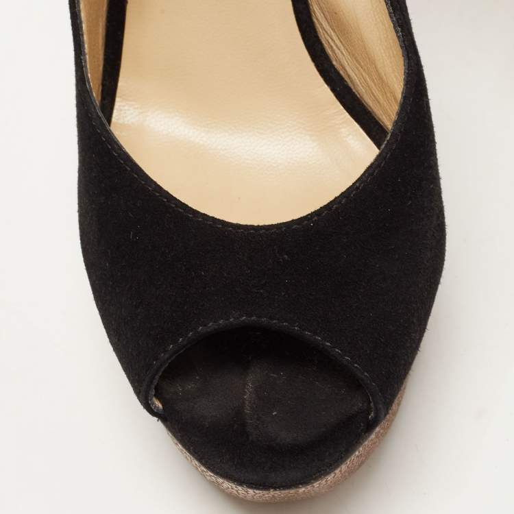 Pre Owned Jimmy Choo Black Suede Peep Toe Platform Slingback Pumps Size 37