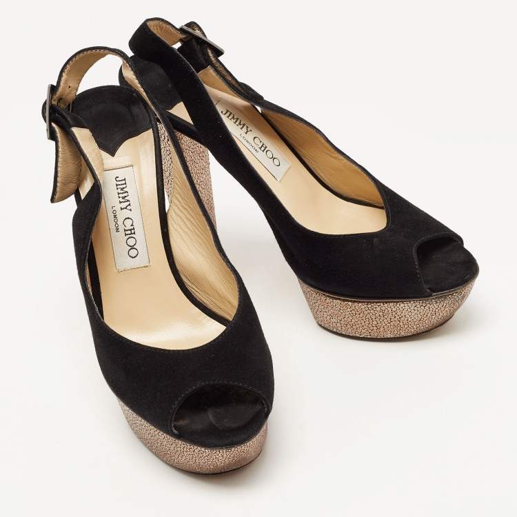 Pre Owned Jimmy Choo Black Suede Peep Toe Platform Slingback Pumps Size 37