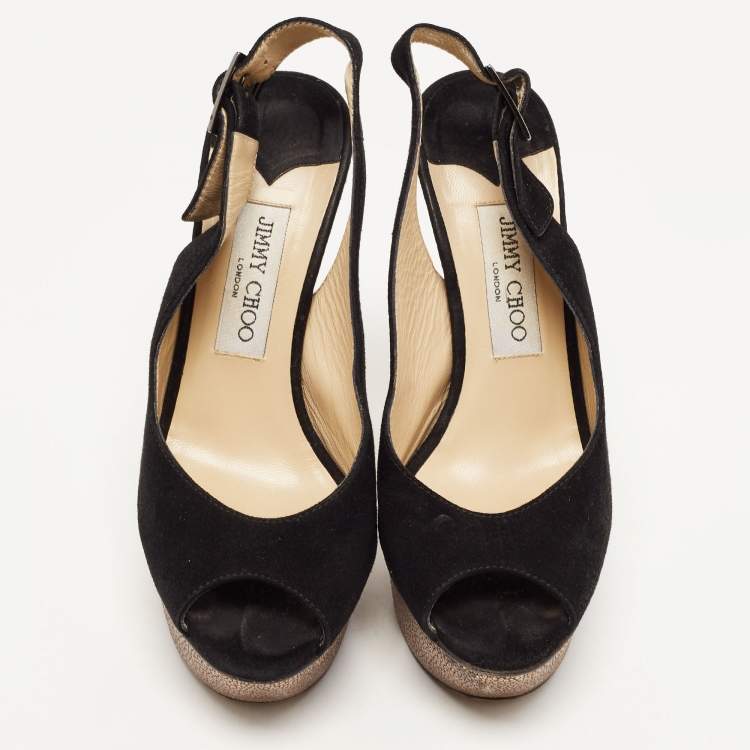 Pre Owned Jimmy Choo Black Suede Peep Toe Platform Slingback Pumps Size 37