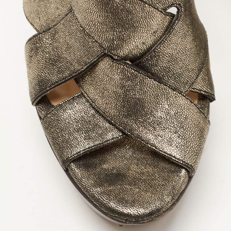 Pre Owned Jimmy Choo Metallic Leather Platform Slingback Sandals Size 37.5